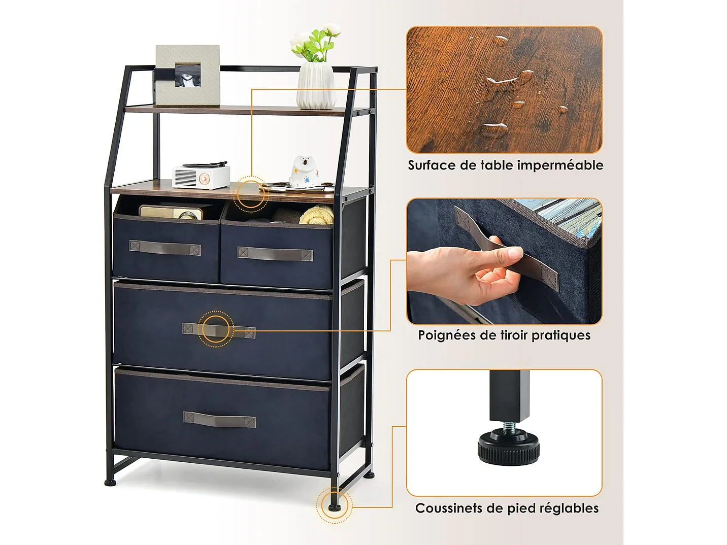 Commode en Tissu avec 4 Tiroirs, 2 Étagères, Commode meuble de rangement Cadre en Métal pour Salon, Entrée, 84 x 30 x 85 cm