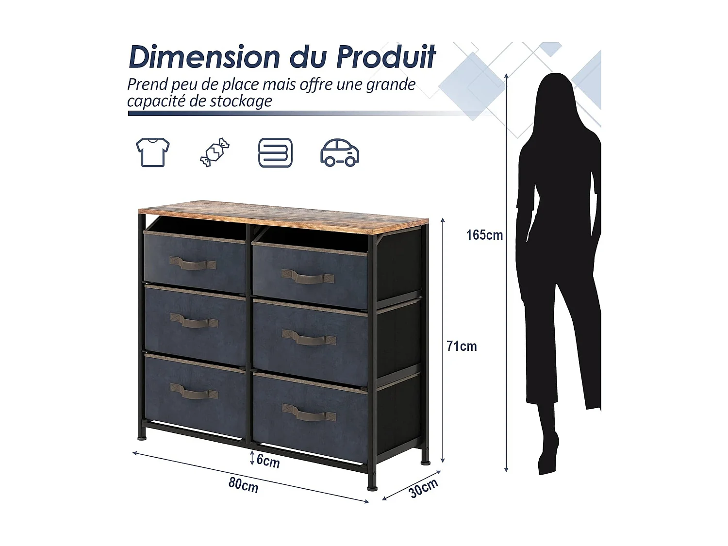 Commode en Tissu avec 6 Tiroirs, Étagère, Commode meuble de rangement Cadre en Métal pour Salon, Entrée, 80 x 30 x 71cm