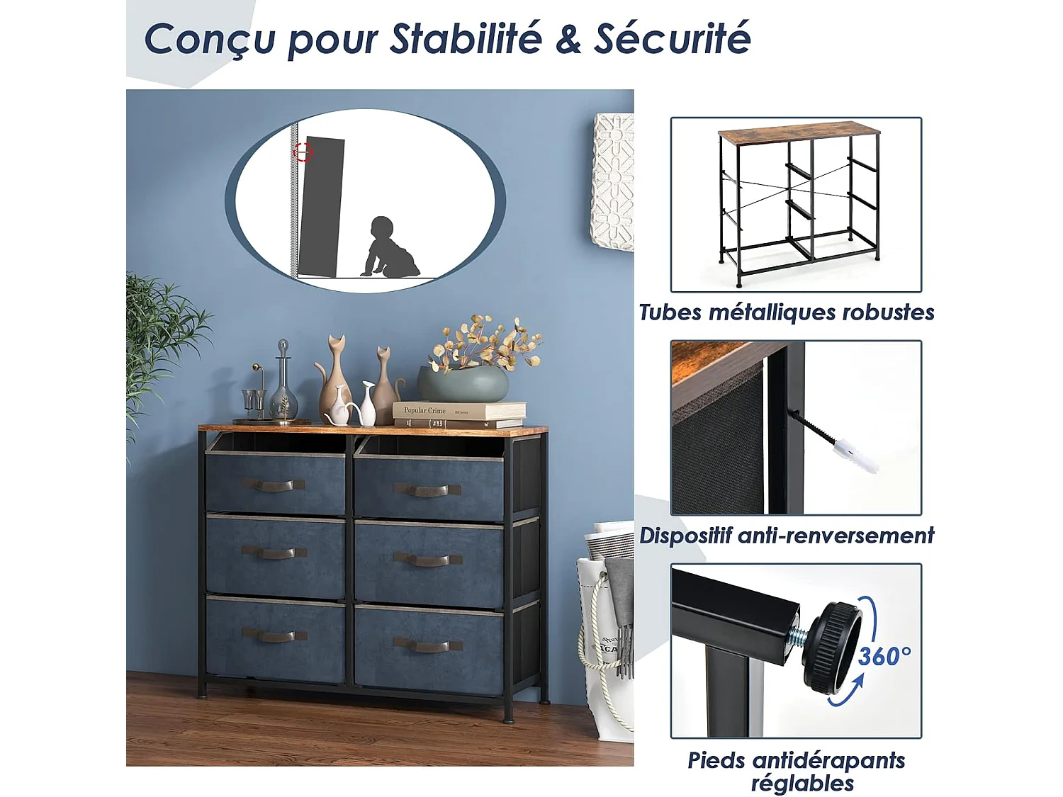 Commode en Tissu avec 6 Tiroirs, Étagère, Commode meuble de rangement Cadre en Métal pour Salon, Entrée, 80 x 30 x 71cm