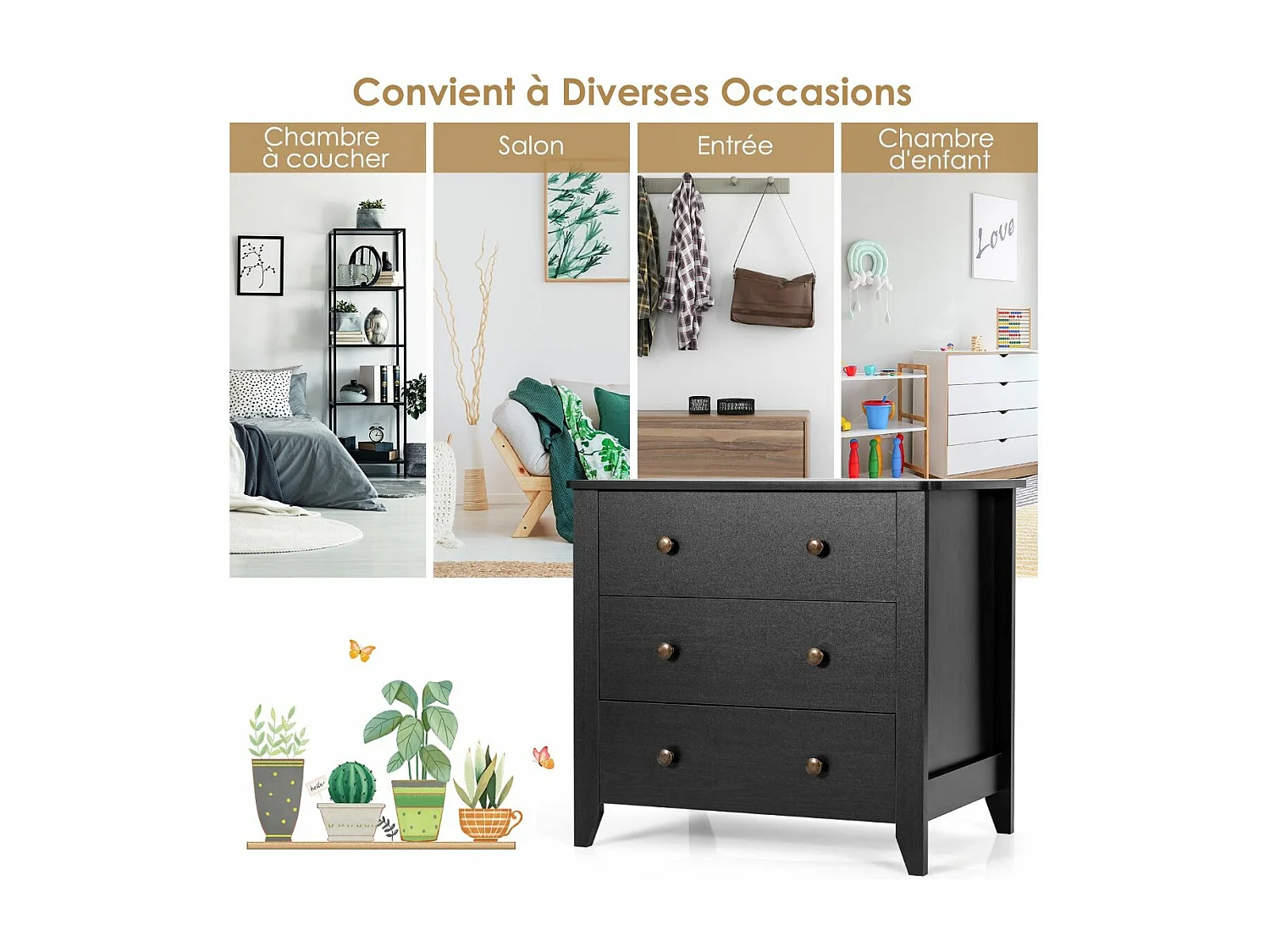 Commode Chambre Adulte, Commode 3 Tiroirs avec 4 Pieds, Meuble de Rangement en Bois pour Chambre, Salon, Entrée, Chambre d'enfant, 71 x 46 x 66 cm (Noir)