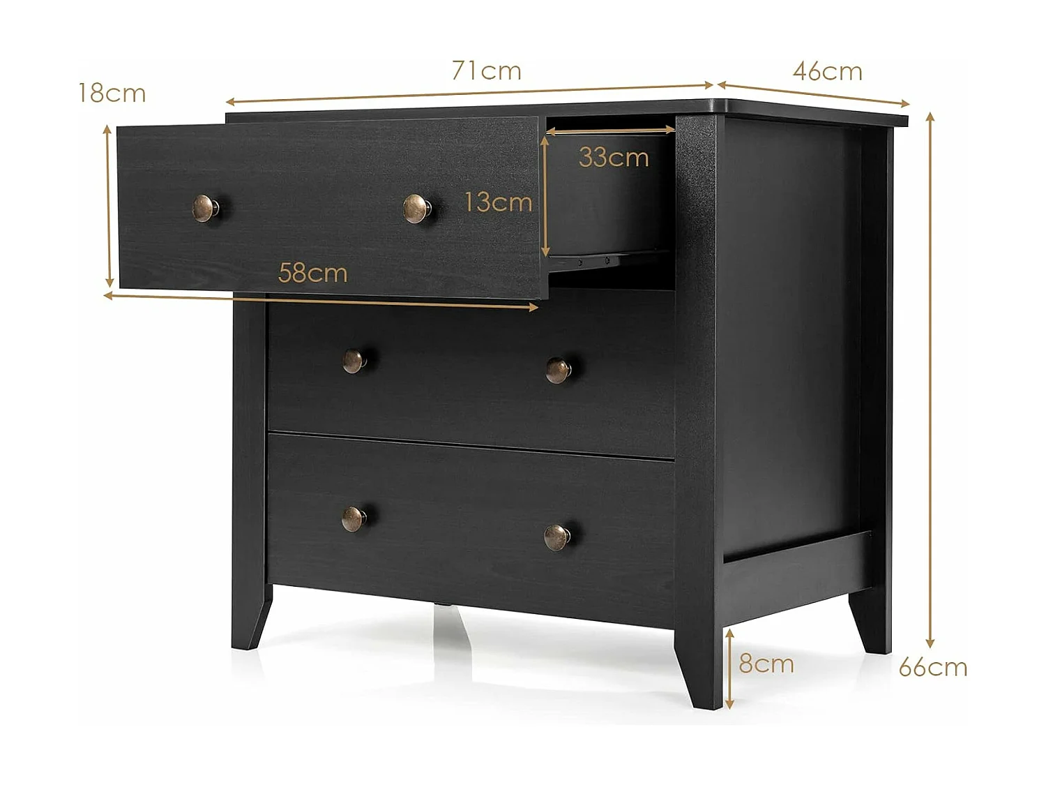 Commode Chambre Adulte, Commode 3 Tiroirs avec 4 Pieds, Meuble de Rangement en Bois pour Chambre, Salon, Entrée, Chambre d'enfant, 71 x 46 x 66 cm (Noir)