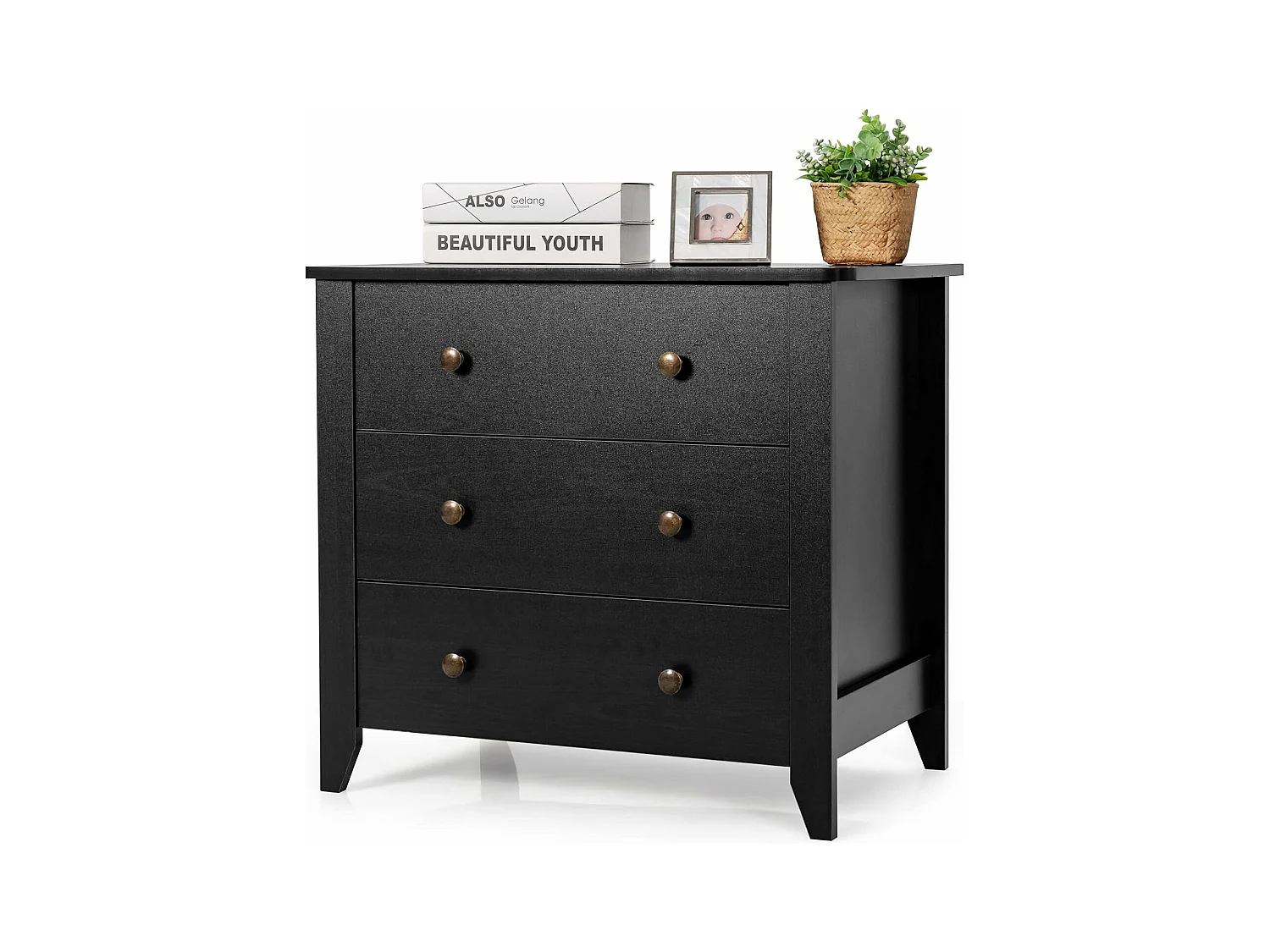 Commode Chambre Adulte, Commode 3 Tiroirs avec 4 Pieds, Meuble de Rangement en Bois pour Chambre, Salon, Entrée, Chambre d'enfant, 71 x 46 x 66 cm (Noir)