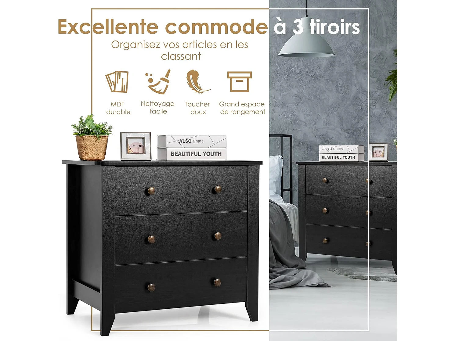 Ladekast voor volwassenen, ladekast met 3 laden en 4 poten, houten opbergkast voor slaapkamer, woonkamer, hal, kinderkamer, 71 x 46 x 66 cm (zwart)