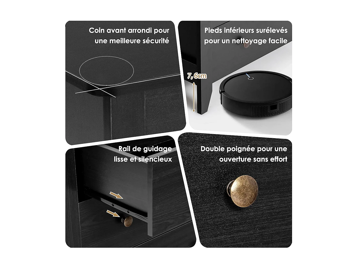 Ladekast voor volwassenen, ladekast met 3 laden en 4 poten, houten opbergkast voor slaapkamer, woonkamer, hal, kinderkamer, 71 x 46 x 66 cm (zwart)