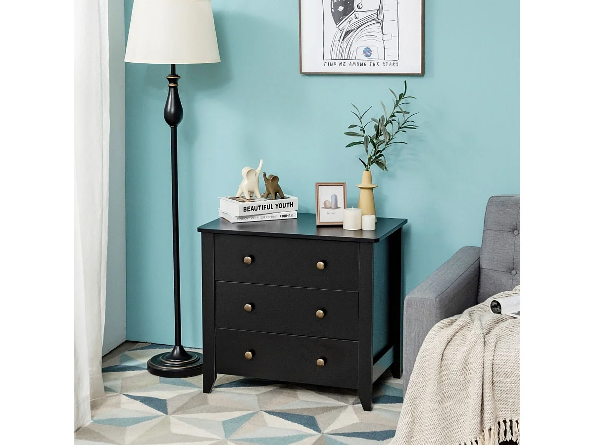 Commode Chambre Adulte, Commode 3 Tiroirs avec 4 Pieds, Meuble de Rangement en Bois pour Chambre, Salon, Entrée, Chambre d'enfant, 71 x 46 x 66 cm (Noir)