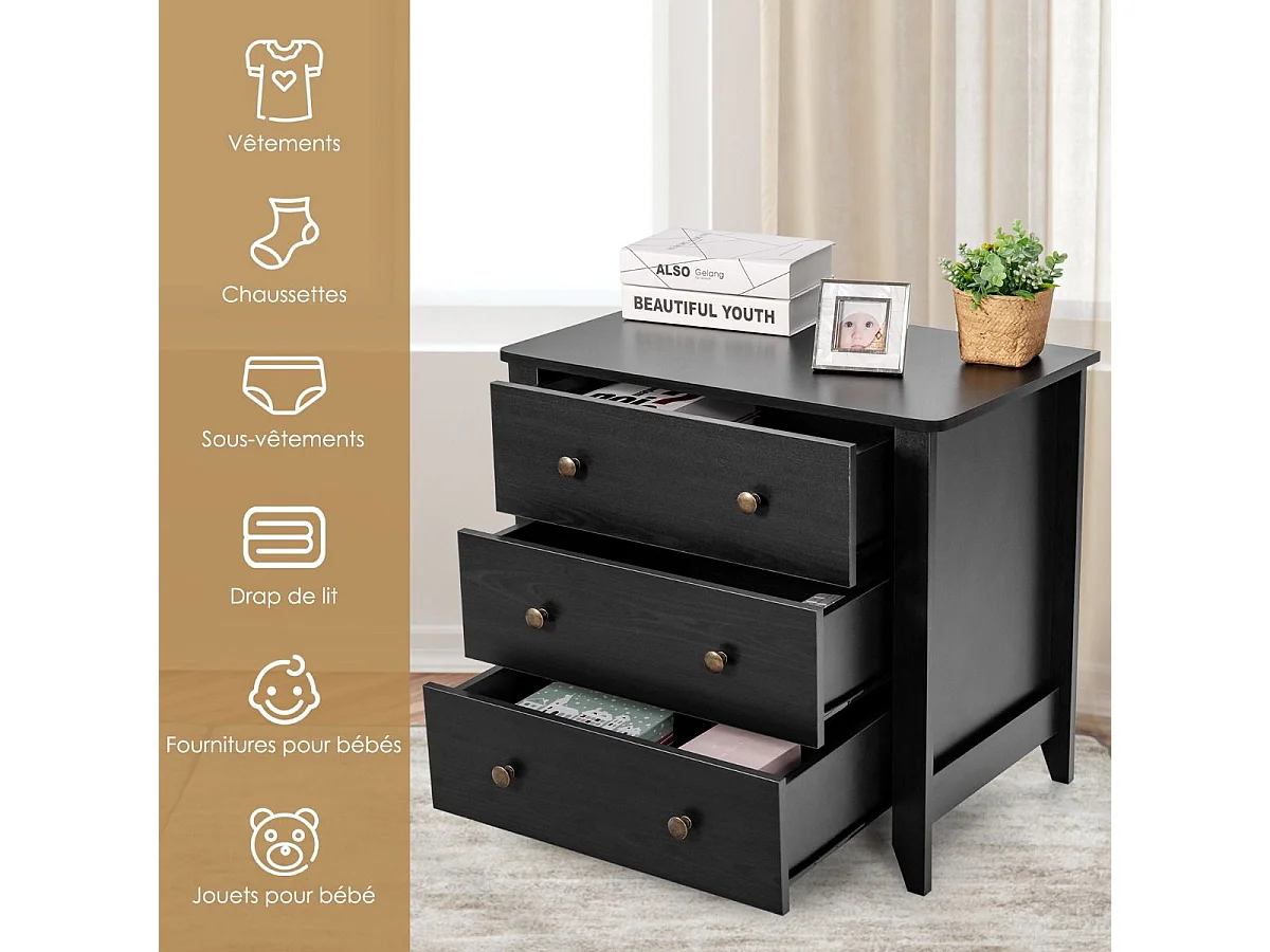 Commode Chambre Adulte, Commode 3 Tiroirs avec 4 Pieds, Meuble de Rangement en Bois pour Chambre, Salon, Entrée, Chambre d'enfant, 71 x 46 x 66 cm (Noir)