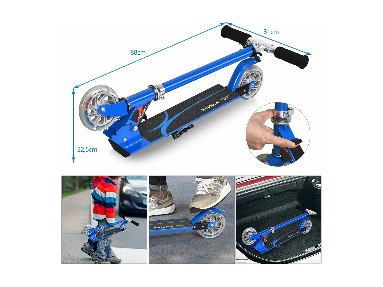 Trottinette Enfant 2 Roues Patinette Enfant Pliable Scooter Enfant Kick avec LED Lumière Hauteur Réglable