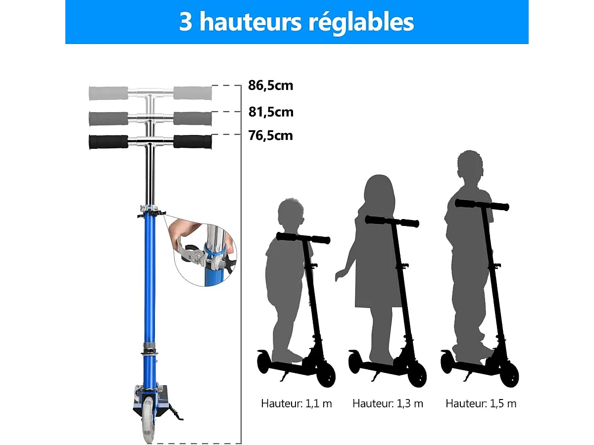 Trottinette Enfant 2 Roues Patinette Enfant Pliable Scooter Enfant Kick avec LED Lumière Hauteur Réglable