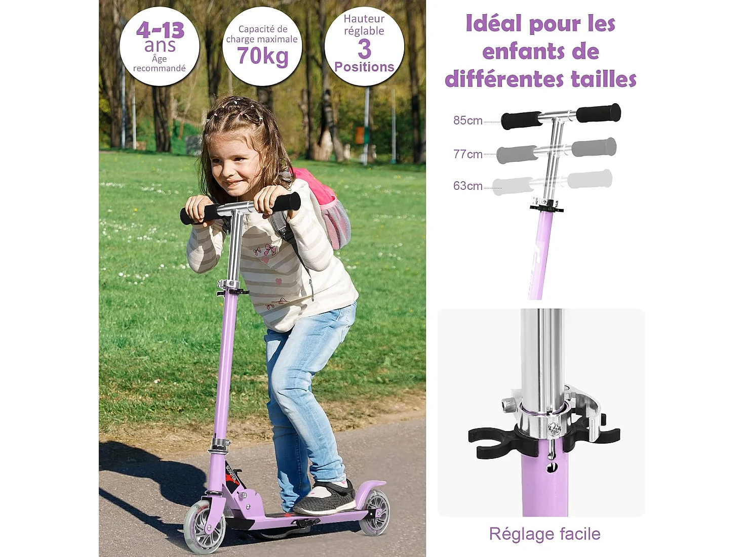 Trottinette Enfant Pliable 2 roues Hauteur Ajustable, Patinette Pliante Enfant de 4 à 13 Ans