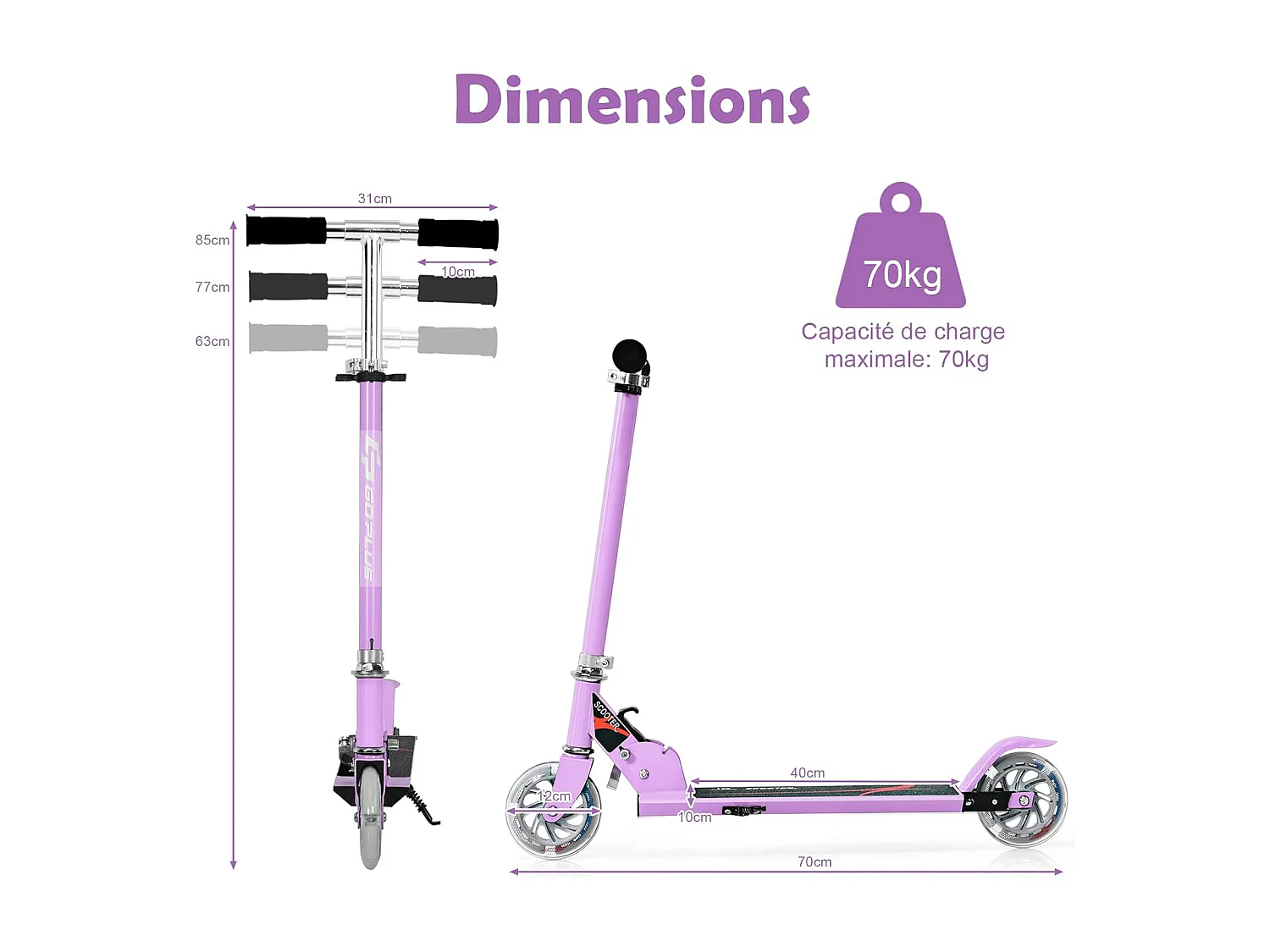 Trottinette Enfant Pliable 2 roues Hauteur Ajustable, Patinette Pliante Enfant de 4 à 13 Ans