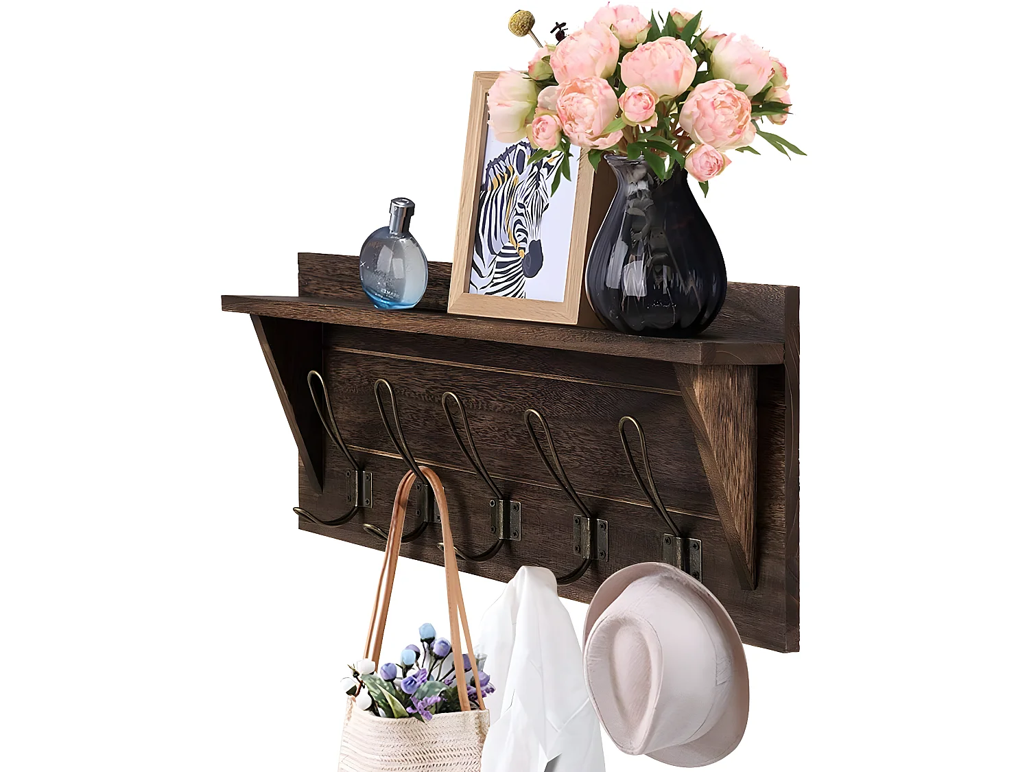 Porte-manteau mural, patères murales avec etagère, 61 cm x 8 cm x 25,5 cm