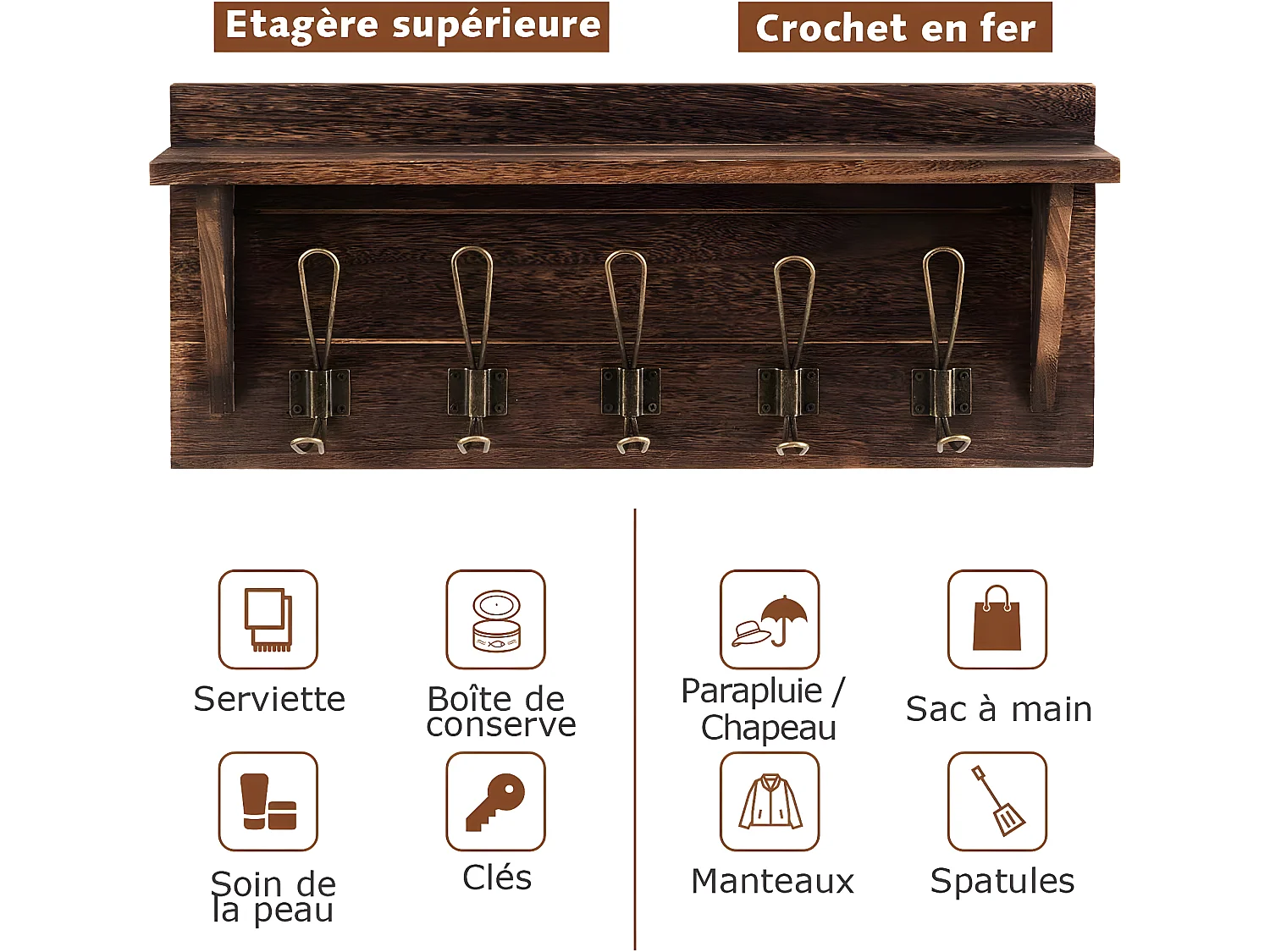 Porte-manteau mural, patères murales avec etagère, 61 cm x 8 cm x 25,5 cm