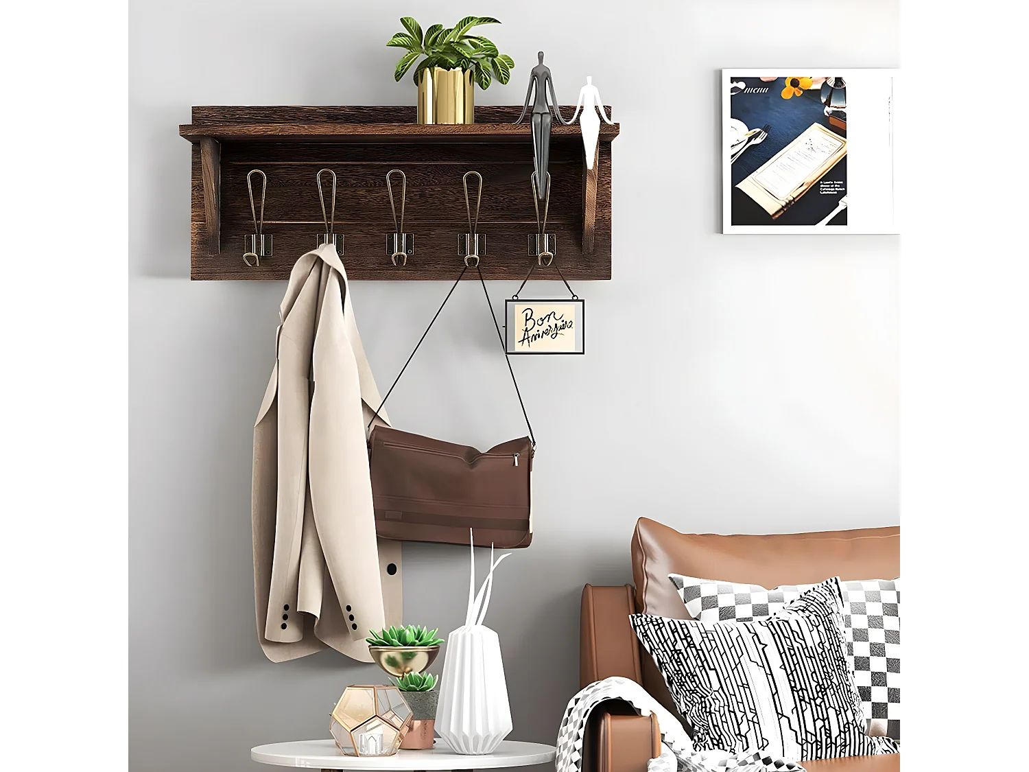 Porte-manteau mural, patères murales avec etagère, 61 cm x 8 cm x 25,5 cm