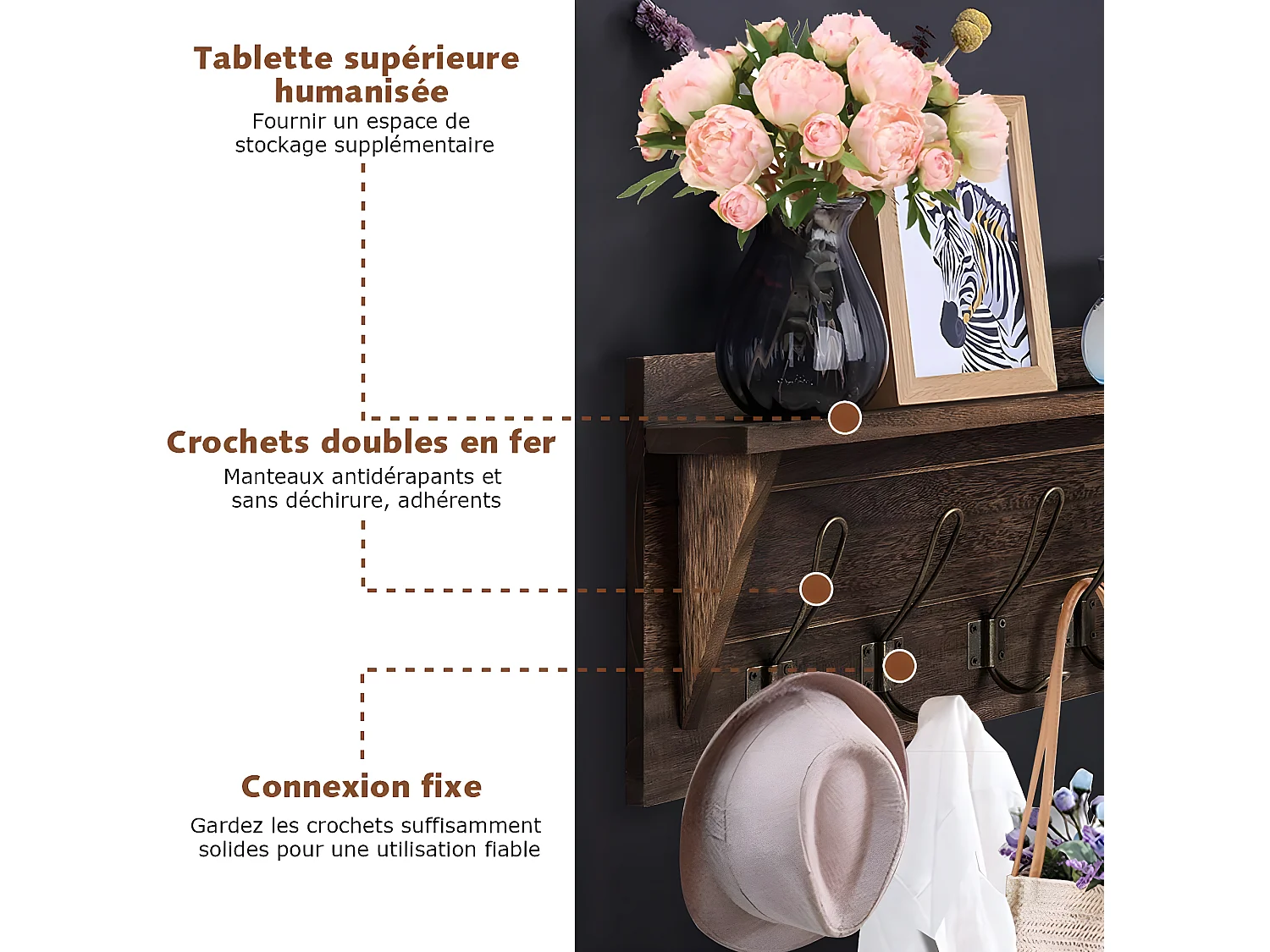 Porte-manteau mural, patères murales avec etagère, 61 cm x 8 cm x 25,5 cm