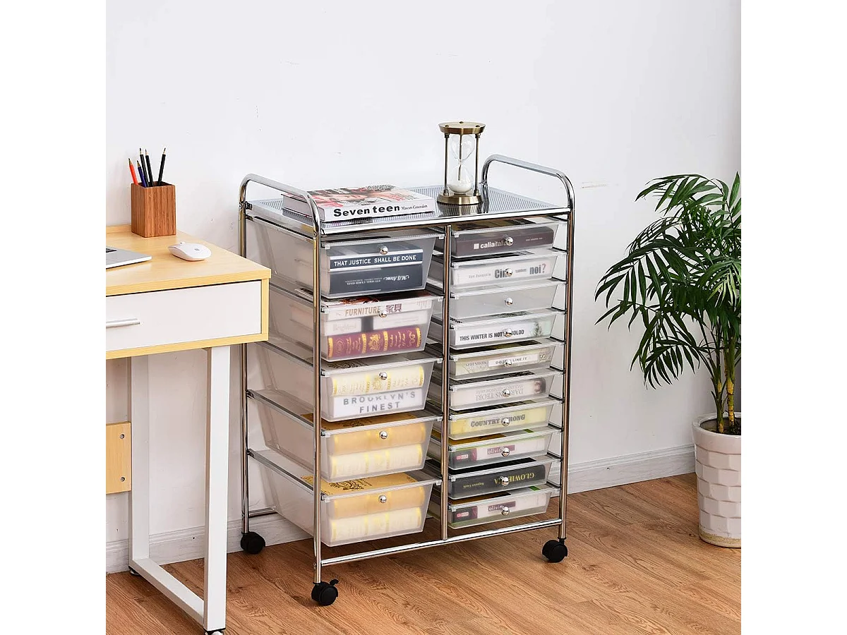 Chariot de Rangement 15 Tiroirs en PP, Tour de Rangement à Roulette, Cadre en Métal, Desserte Meuble Tiroir pour Cuisine, Salle de Bain, École (62,5 x 37 x 87 CM, Clair)