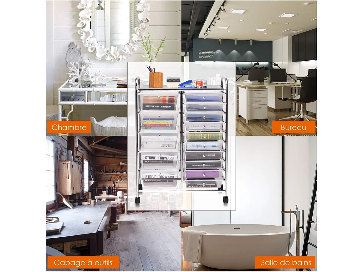 Chariot de Rangement 15 Tiroirs en PP, Tour de Rangement à Roulette, Cadre en Métal, Desserte Meuble Tiroir pour Cuisine, Salle de Bain, École (62,5 x 37 x 87 CM, Clair)