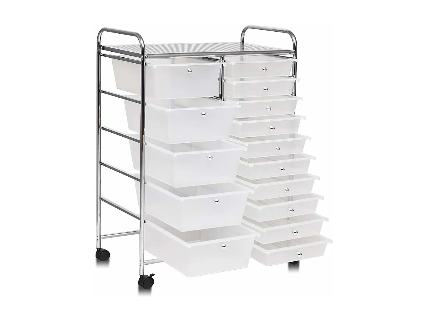 Chariot de Rangement 15 Tiroirs en PP, Tour de Rangement à Roulette, Cadre en Métal, Desserte Meuble Tiroir pour Cuisine, Salle de Bain, École (62,5 x 37 x 87 CM, Clair)