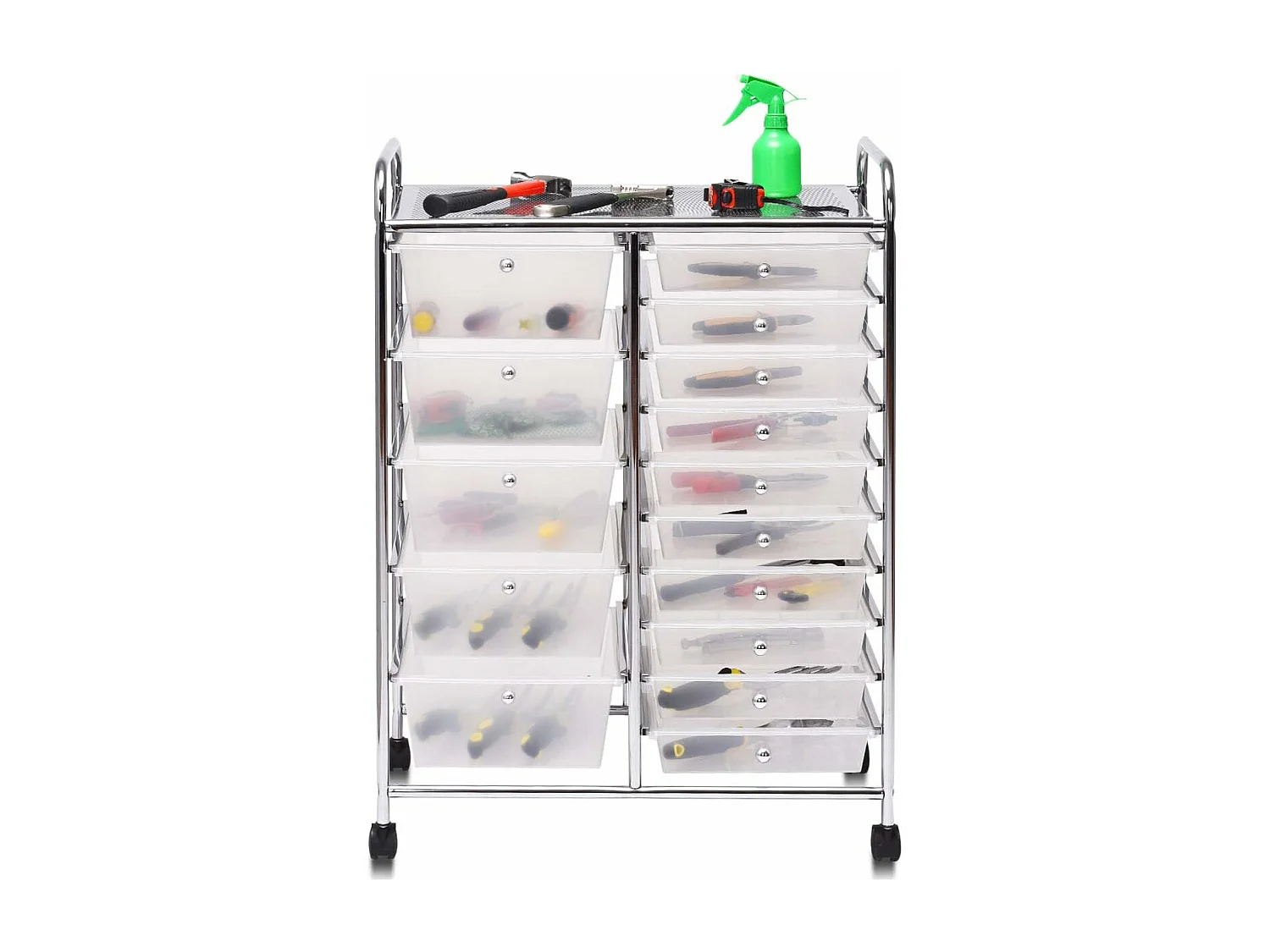 Chariot de Rangement 15 Tiroirs en PP, Tour de Rangement à Roulette, Cadre en Métal, Desserte Meuble Tiroir pour Cuisine, Salle de Bain, École (62,5 x 37 x 87 CM, Clair)