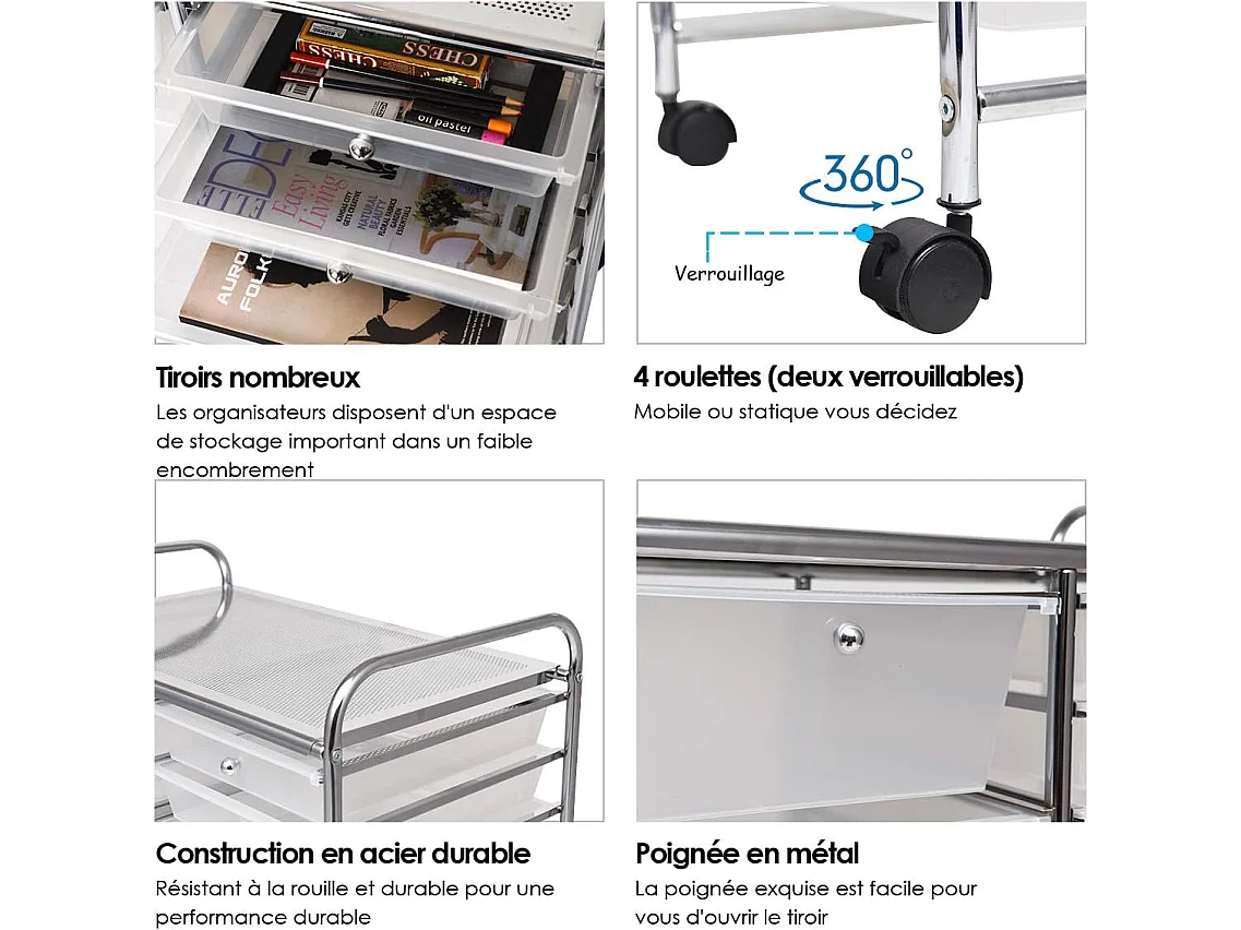 Chariot de Rangement 15 Tiroirs en PP, Tour de Rangement à Roulette, Cadre en Métal, Desserte Meuble Tiroir pour Cuisine, Salle de Bain, École (62,5 x 37 x 87 CM, Clair)