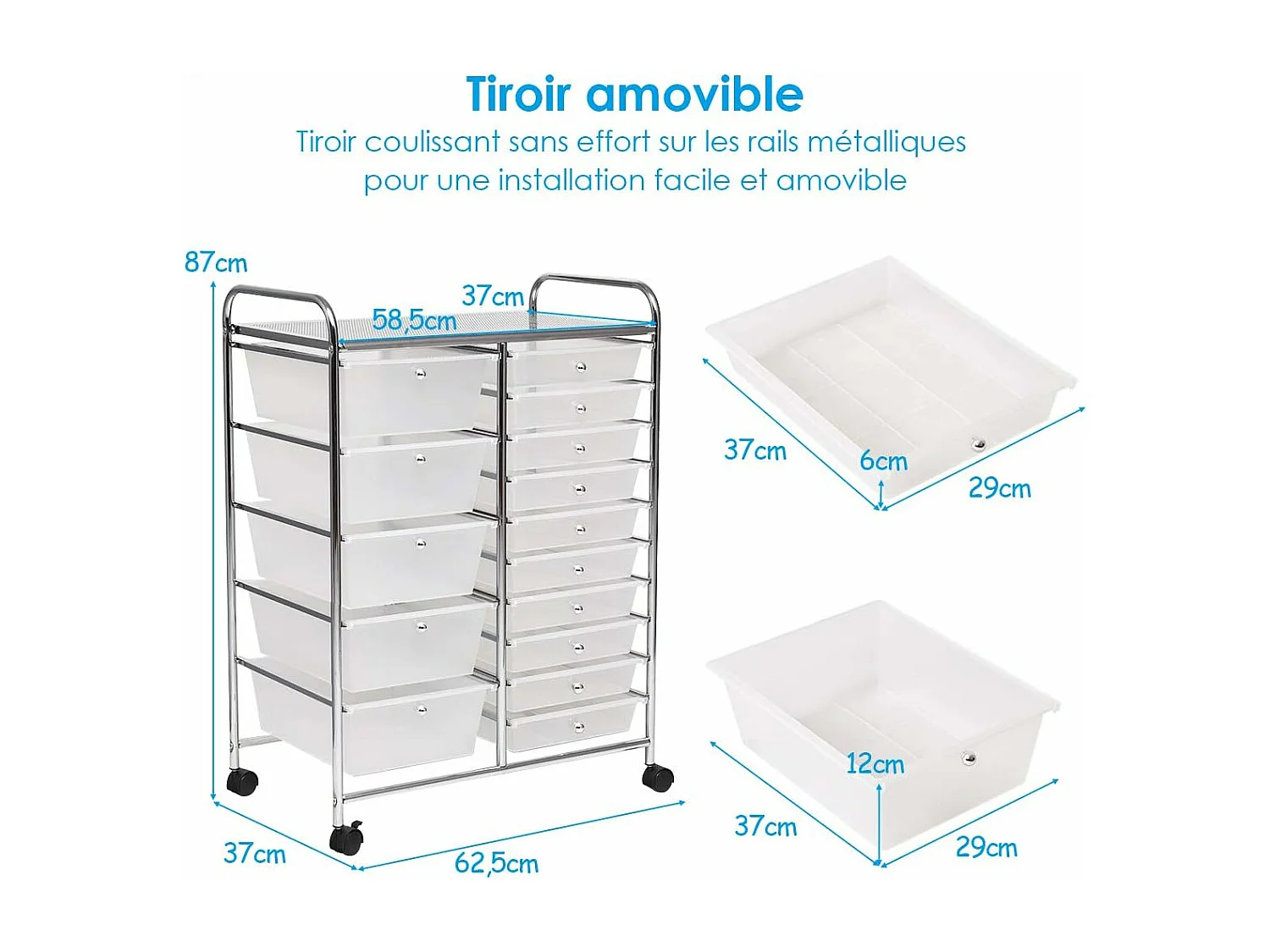 Chariot de Rangement 15 Tiroirs en PP, Tour de Rangement à Roulette, Cadre en Métal, Desserte Meuble Tiroir pour Cuisine, Salle de Bain, École (62,5 x 37 x 87 CM, Clair)