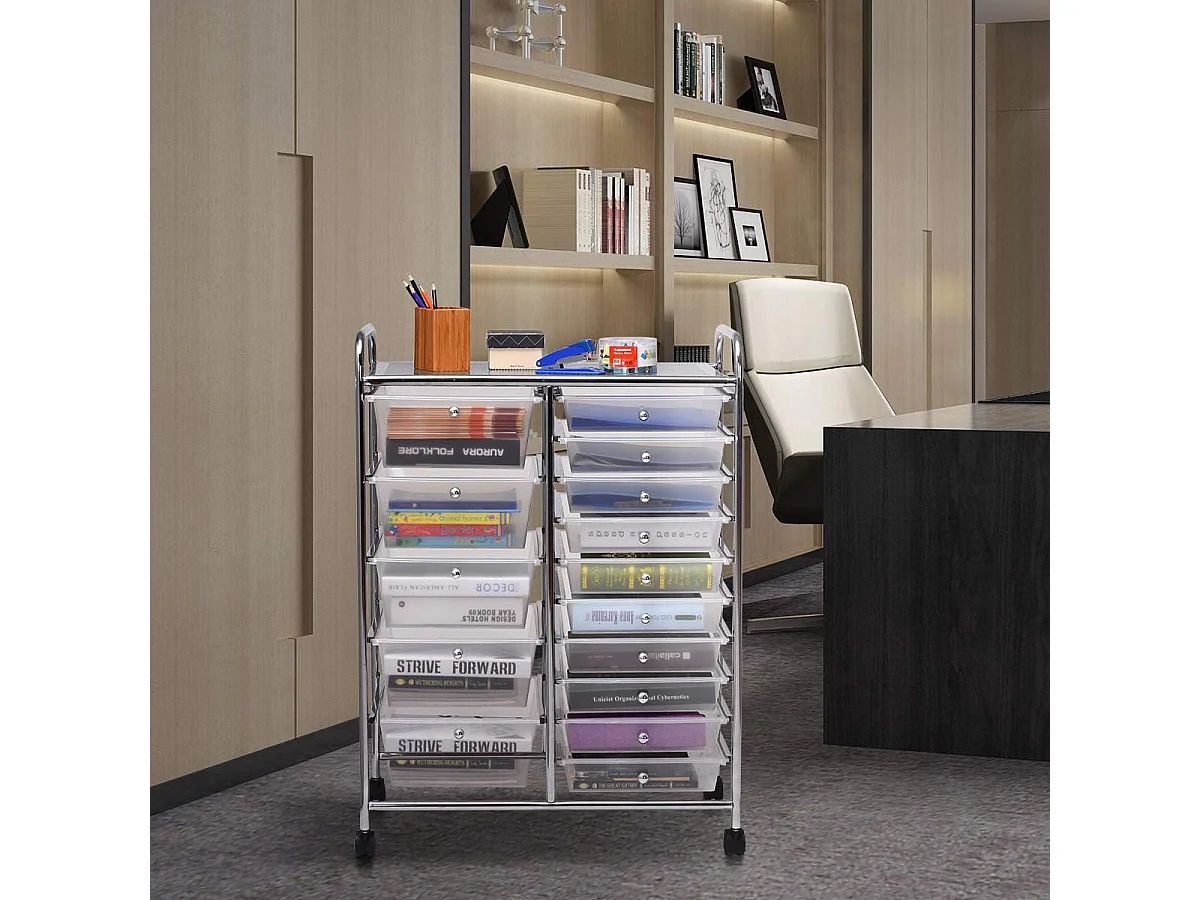 Chariot de Rangement 15 Tiroirs en PP, Tour de Rangement à Roulette, Cadre en Métal, Desserte Meuble Tiroir pour Cuisine, Salle de Bain, École (62,5 x 37 x 87 CM, Clair)