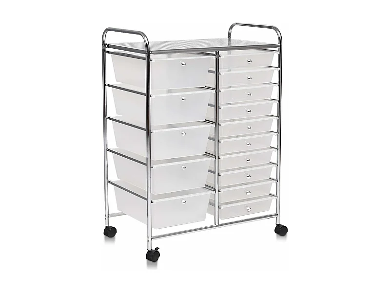 Chariot de Rangement 15 Tiroirs en PP, Tour de Rangement à Roulette, Cadre en Métal, Desserte Meuble Tiroir pour Cuisine, Salle de Bain, École (62,5 x 37 x 87 CM, Clair)