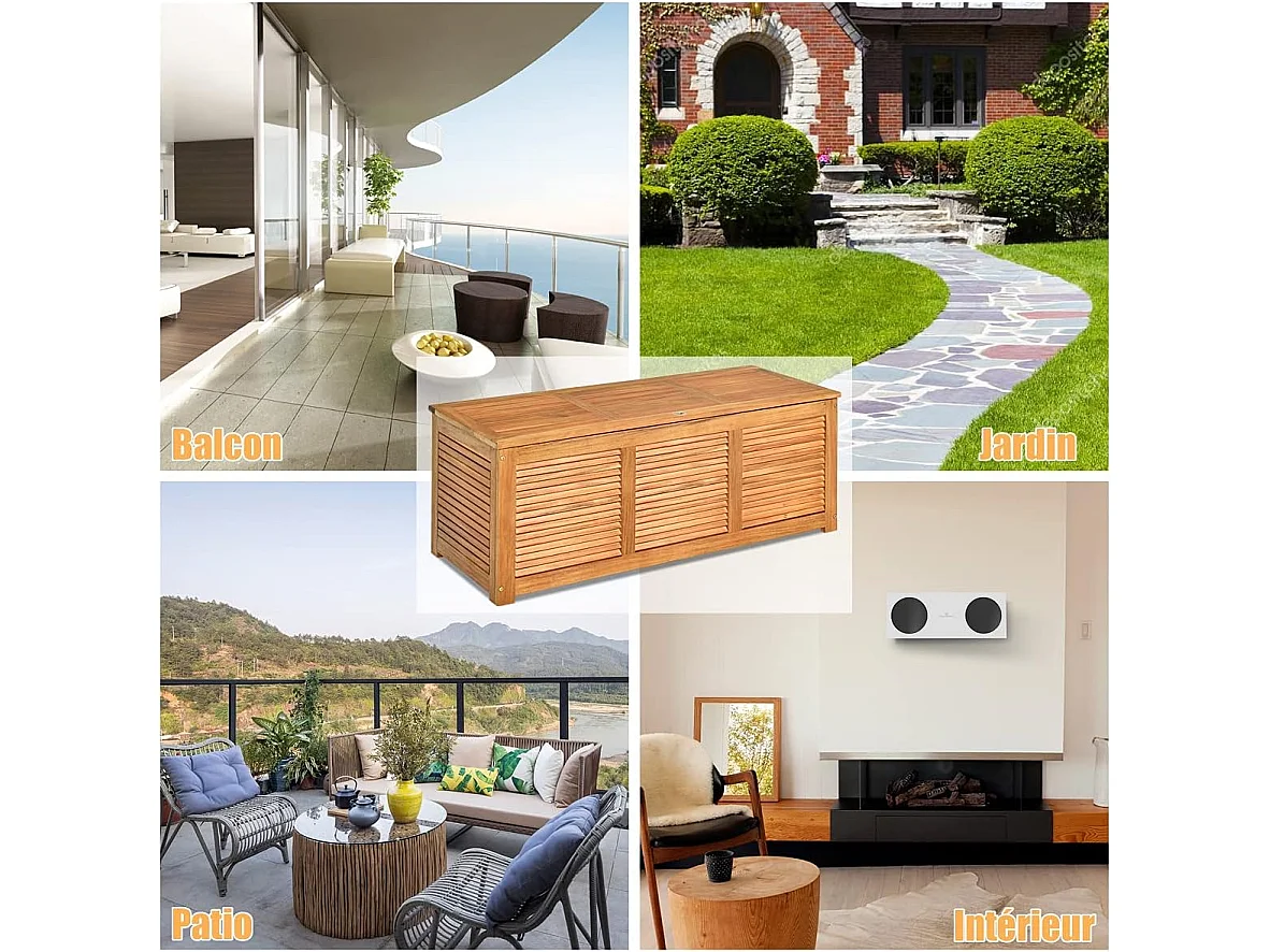 Coffre de Jardin en Bois d’Acacia certifié FSC 178L 120,5 x 44,5 x 44,5 cm Charge Max 150KG