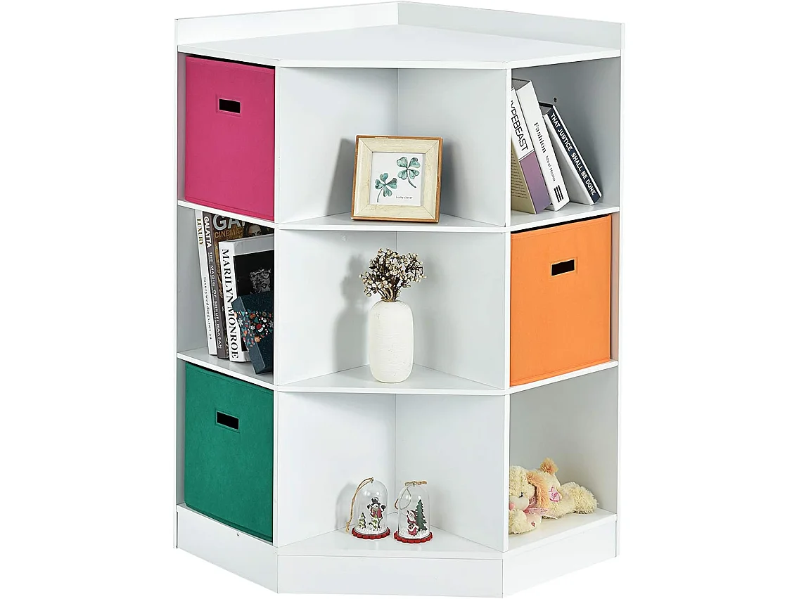 Meuble de Rangement d'angle Enfants avec 9 Niches, Bibliothèque d'angle Enfant avec Étagère Supérieure