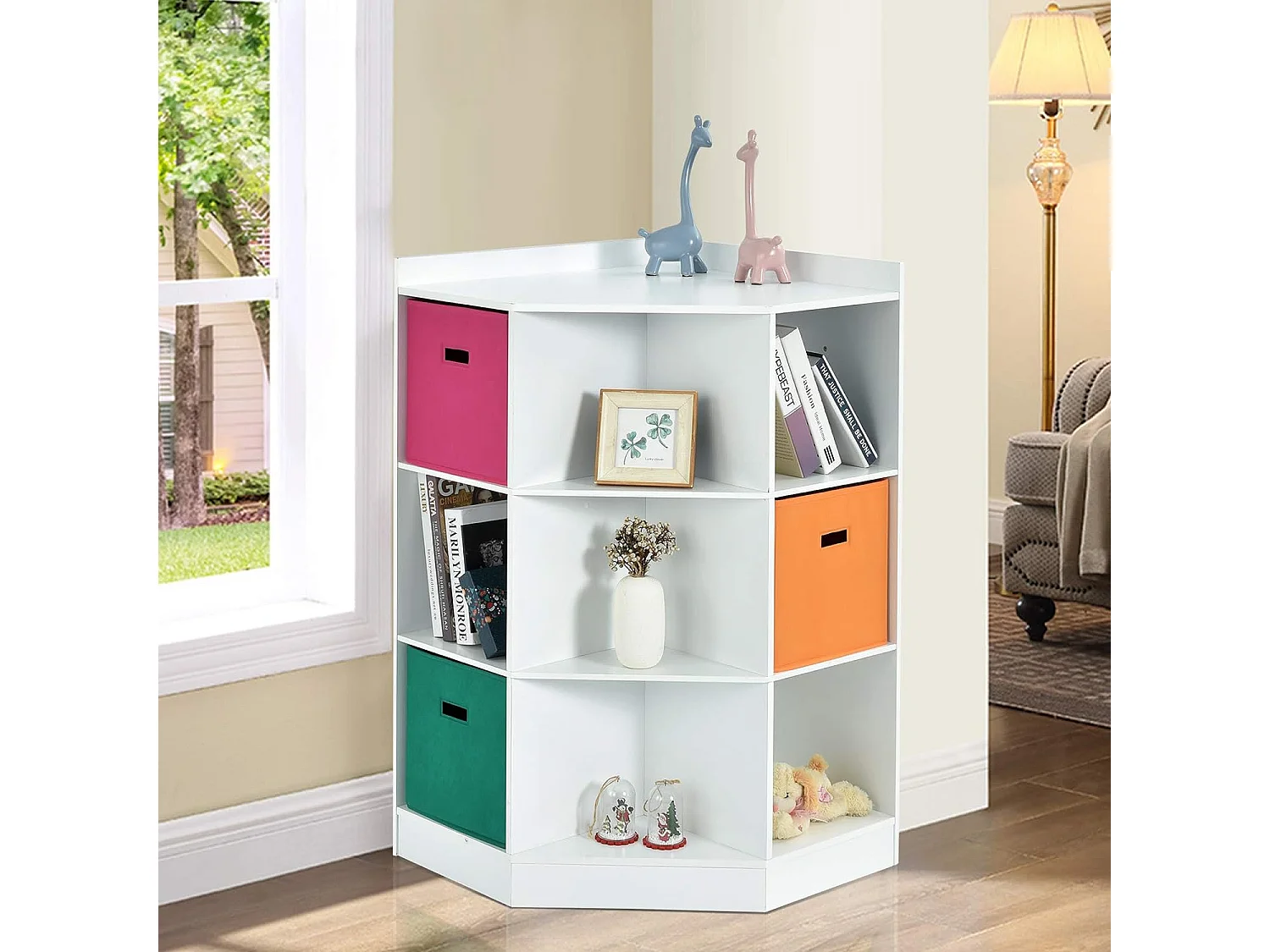 Meuble de Rangement d'angle Enfants avec 9 Niches, Bibliothèque d'angle Enfant avec Étagère Supérieure