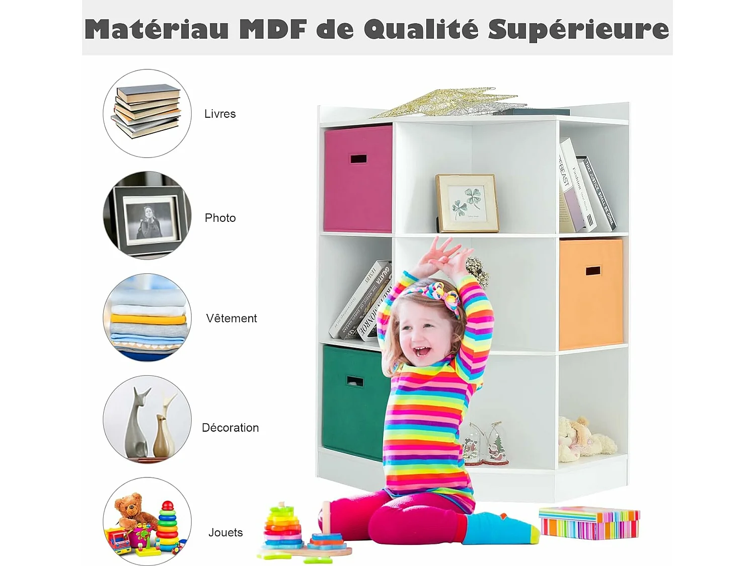 Meuble de Rangement d'angle Enfants avec 9 Niches, Bibliothèque d'angle Enfant avec Étagère Supérieure