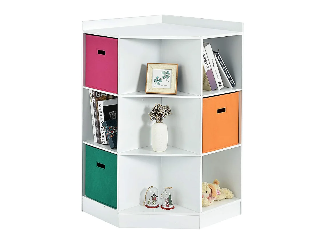 Meuble de Rangement d'angle Enfants avec 9 Niches, Bibliothèque d'angle Enfant avec Étagère Supérieure