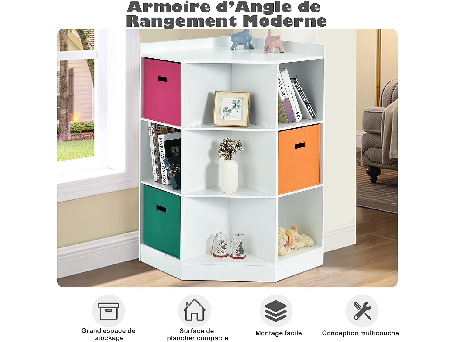 Meuble de Rangement d'angle Enfants avec 9 Niches, Bibliothèque d'angle Enfant avec Étagère Supérieure