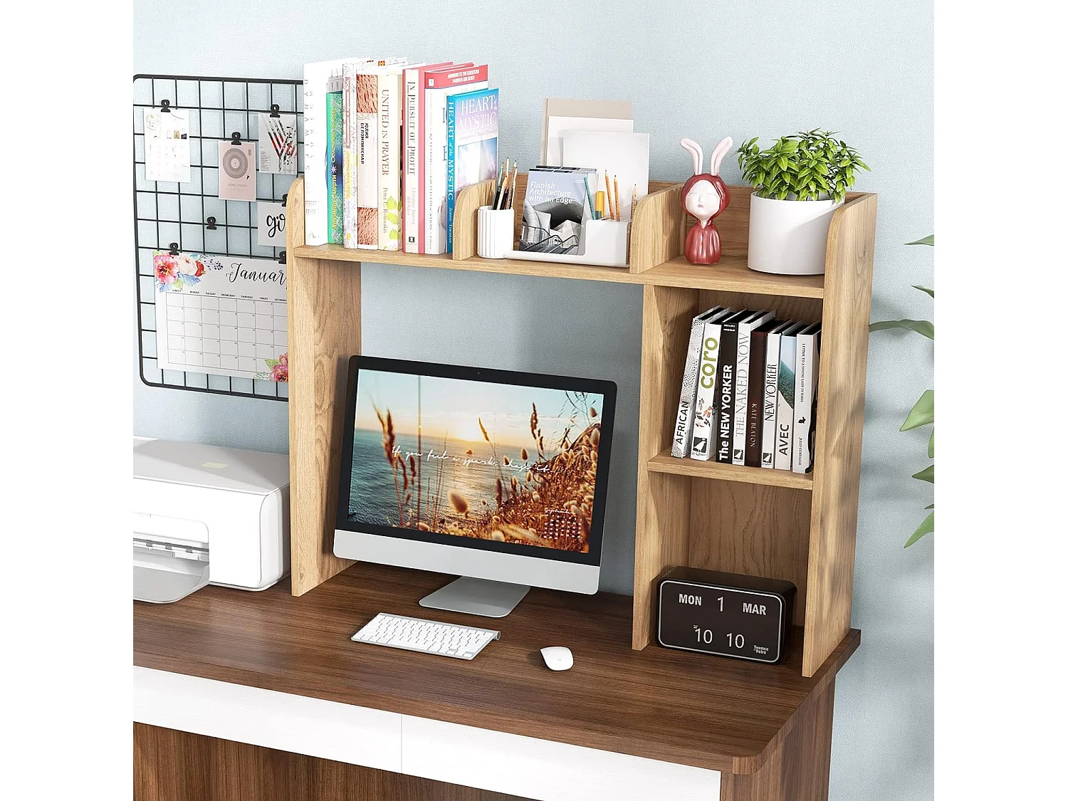 Bibliothèque, Étagere à Poser sur Meuble avec 5 Compartiments pour Écran 27", 94 x 25 x 74 cm (Naturel)