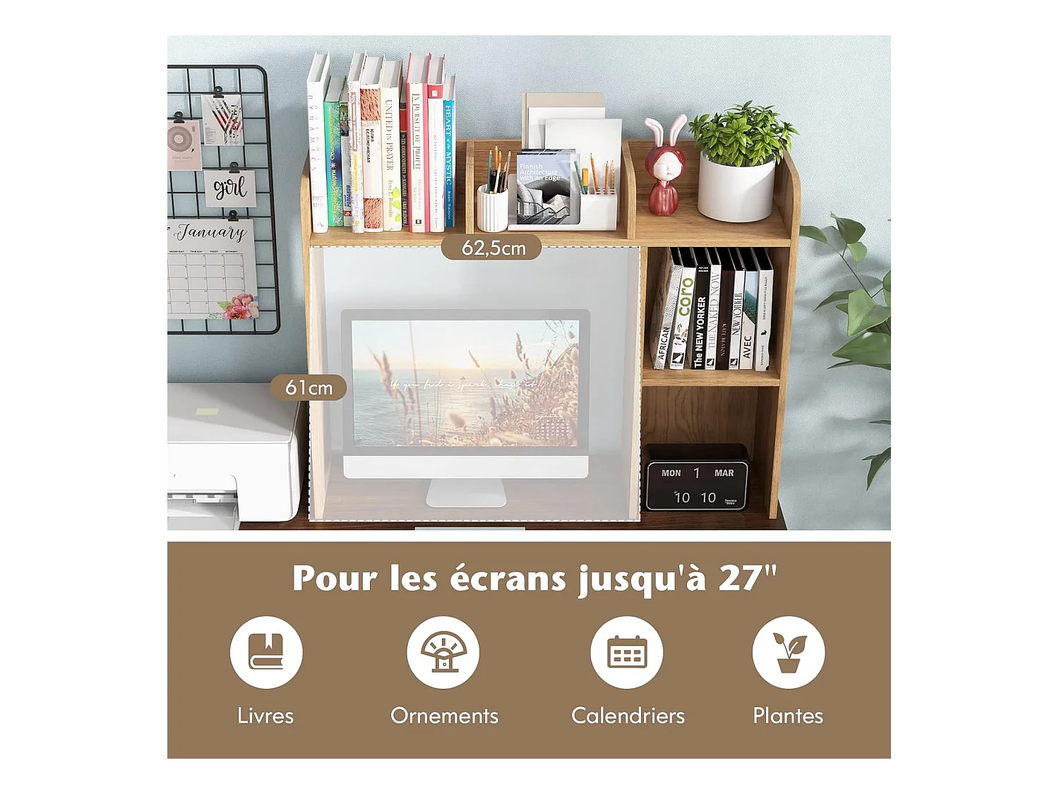 Bibliothèque, Étagere à Poser sur Meuble avec 5 Compartiments pour Écran 27", 94 x 25 x 74 cm (Naturel)