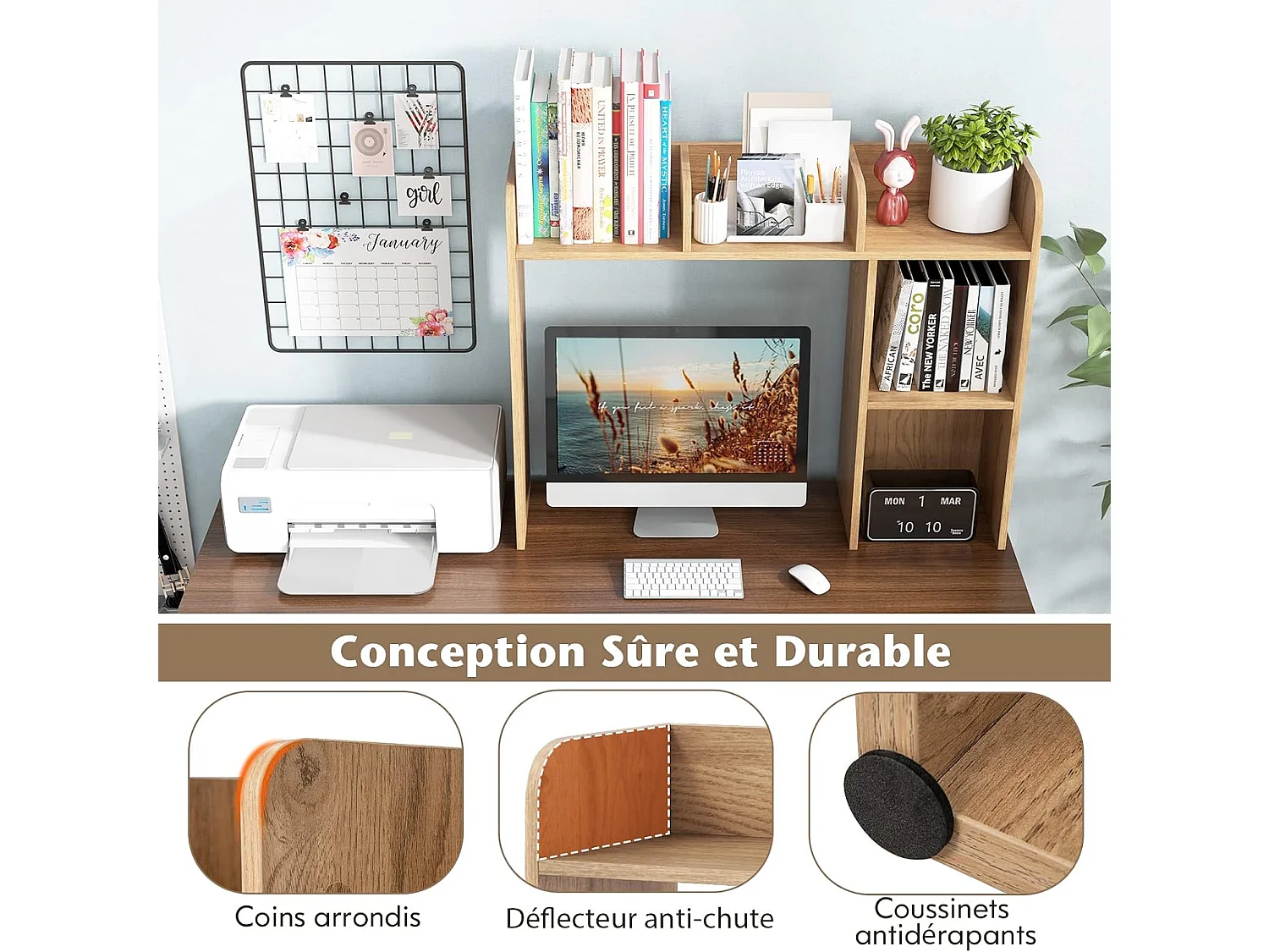 Bibliothèque, Étagere à Poser sur Meuble avec 5 Compartiments pour Écran 27", 94 x 25 x 74 cm (Naturel)