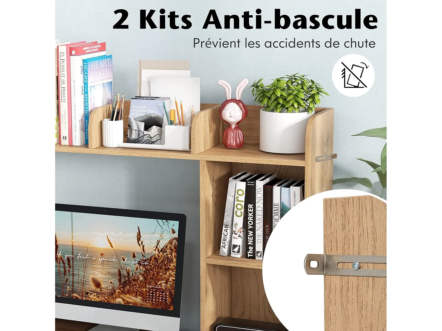 Bibliothèque, Étagere à Poser sur Meuble avec 5 Compartiments pour Écran 27", 94 x 25 x 74 cm (Naturel)