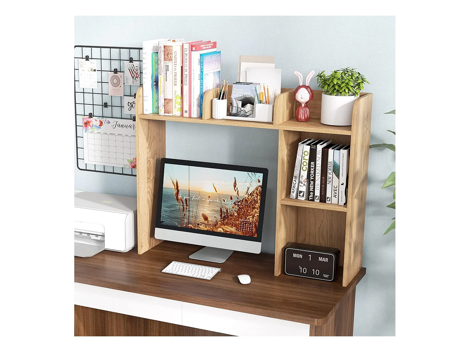 Bibliothèque, Étagere à Poser sur Meuble avec 5 Compartiments pour Écran 27", 94 x 25 x 74 cm (Naturel)