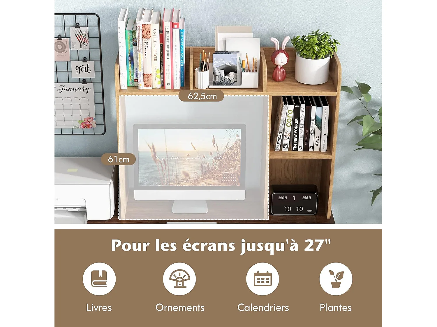 Bibliothèque, Étagere à Poser sur Meuble avec 5 Compartiments pour Écran 27", 94 x 25 x 74 cm (Naturel)