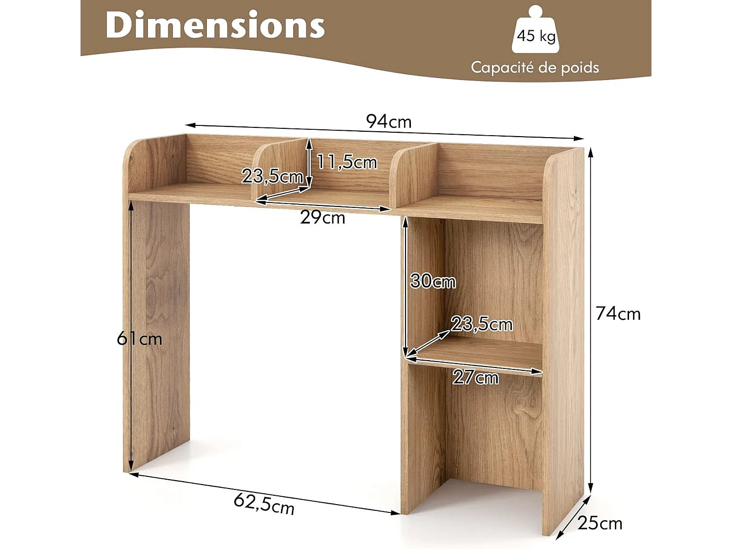 Bibliothèque, Étagere à Poser sur Meuble avec 5 Compartiments pour Écran 27", 94 x 25 x 74 cm (Naturel)