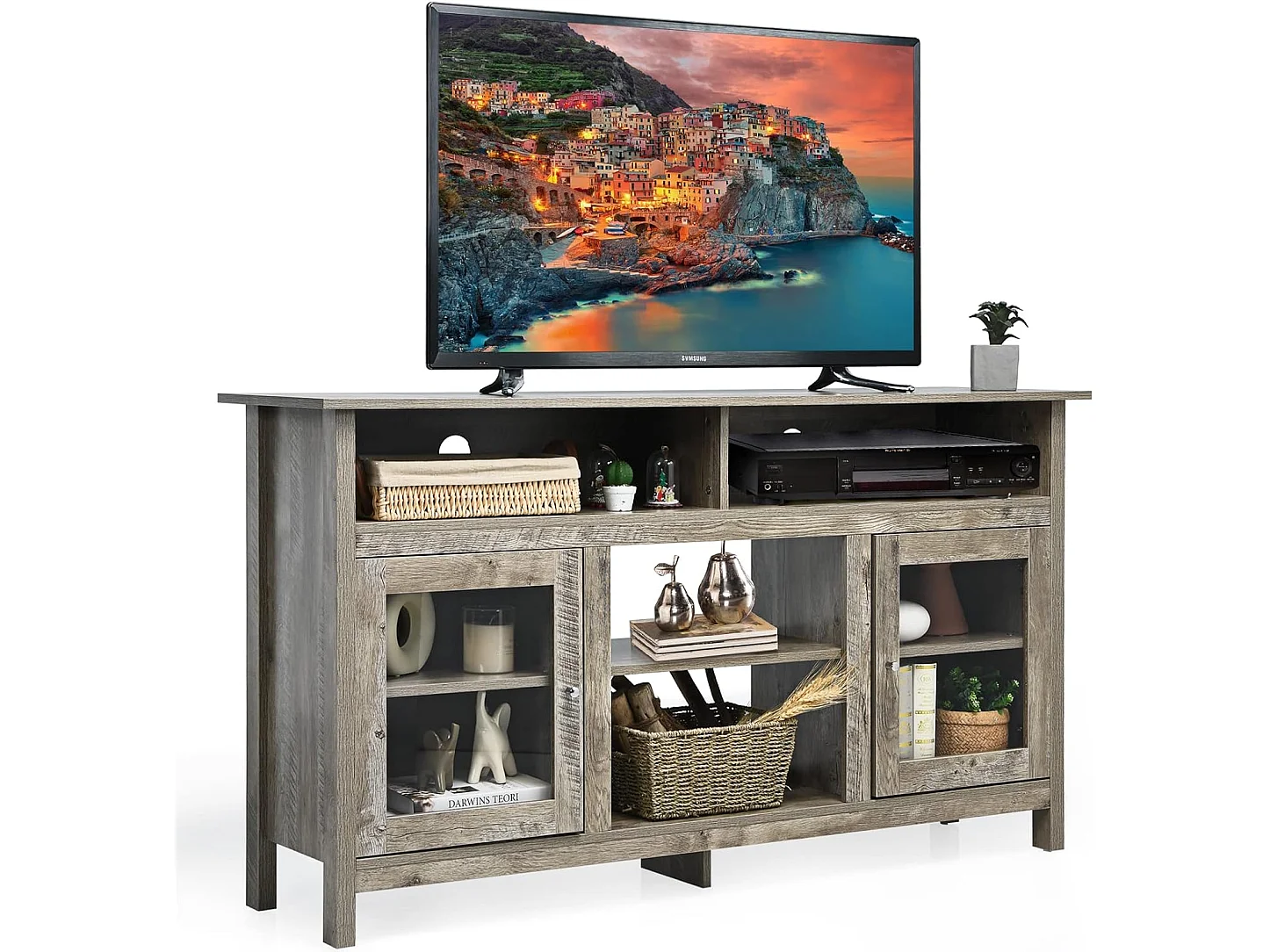 58" Meuble TV avec 2 Armoires Laterales et Étageres, 147 x 40 x 81,5 cm, Gris