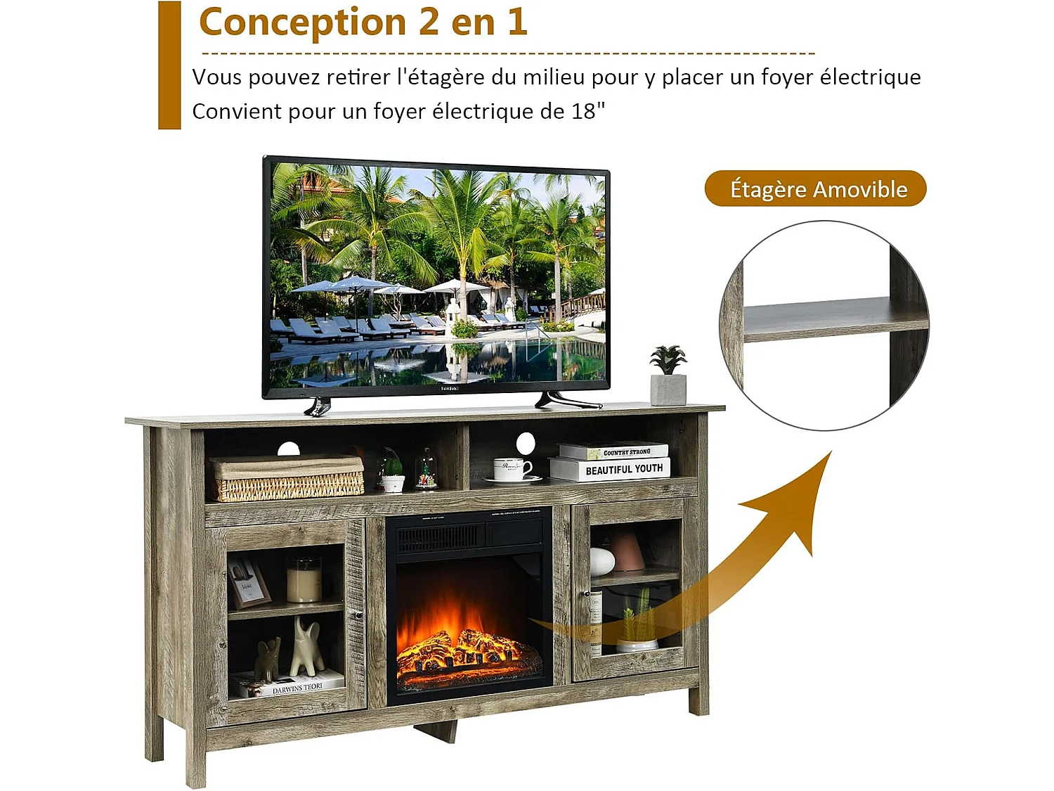 58" Meuble TV avec 2 Armoires Laterales et Étageres, 147 x 40 x 81,5 cm, Gris