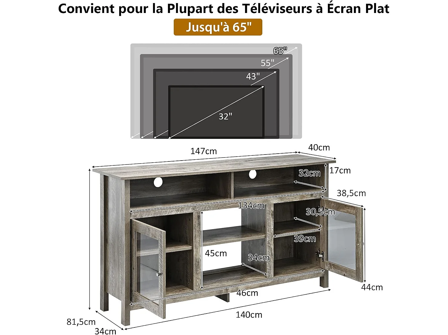 58" Meuble TV avec 2 Armoires Laterales et Étageres, 147 x 40 x 81,5 cm, Gris