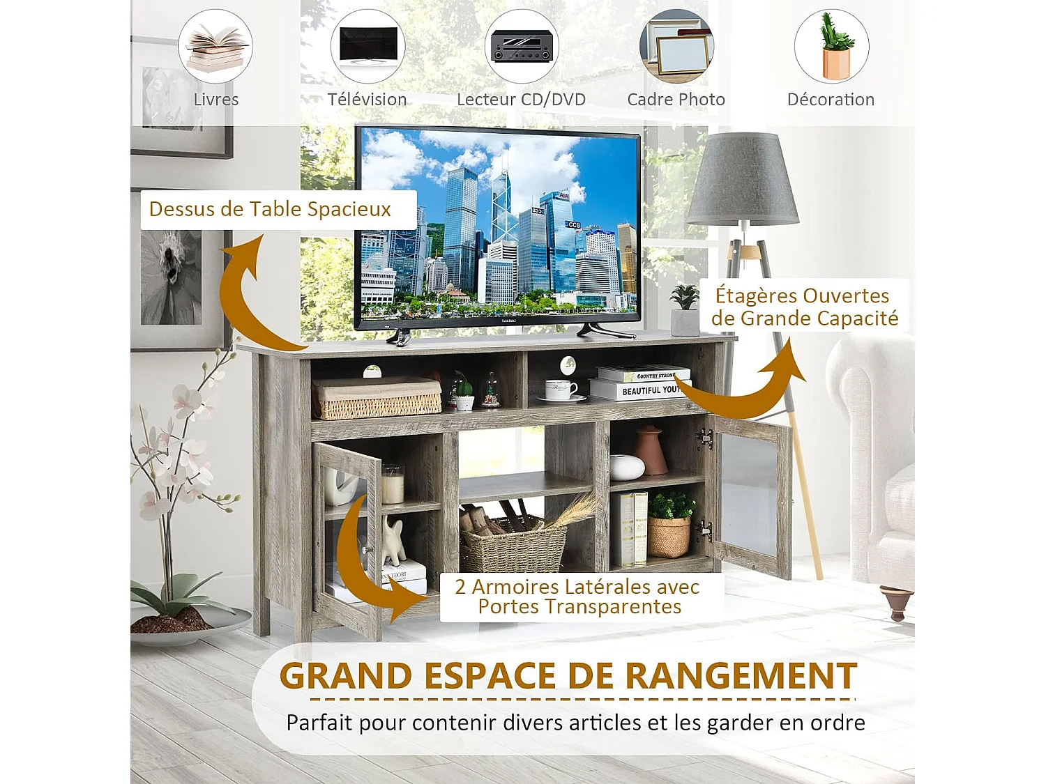 58" Meuble TV avec 2 Armoires Laterales et Étageres, 147 x 40 x 81,5 cm, Gris
