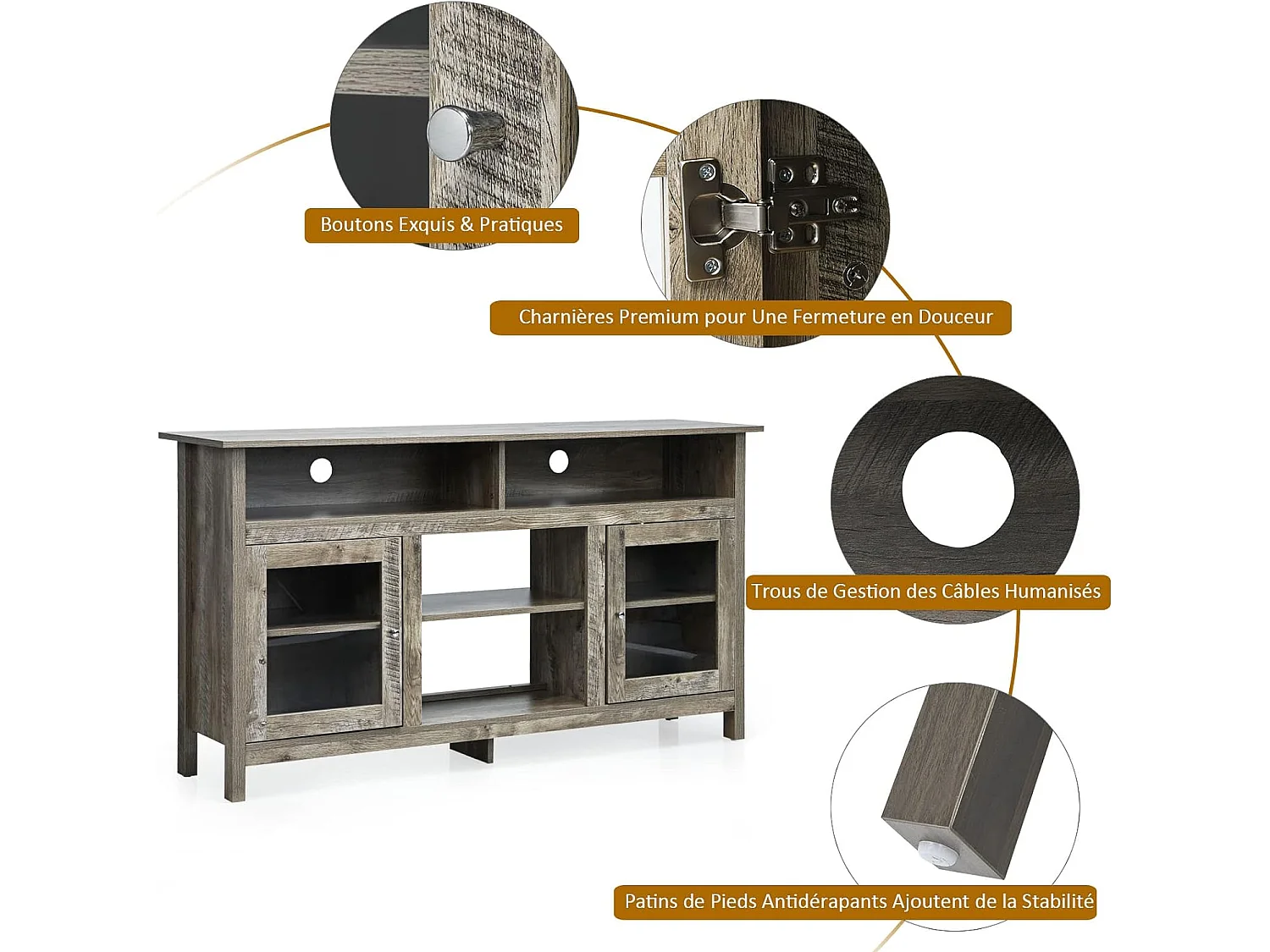 58" Meuble TV avec 2 Armoires Laterales et Étageres, 147 x 40 x 81,5 cm, Gris