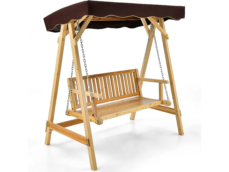 2-zits houten tuinschommel met waterdicht kanteldak, buitenschommel belast 240 kg met metalen ketting en A-vormige structuur, voor tuinveranda binnenplaats