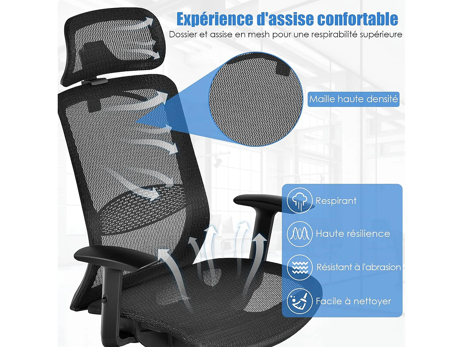 Chaise de Bureau Pivotant en Maille avec Renfort Lombaire Appui-tête Dossier Inclinable et Cintre Charge Max 110 KG Noir