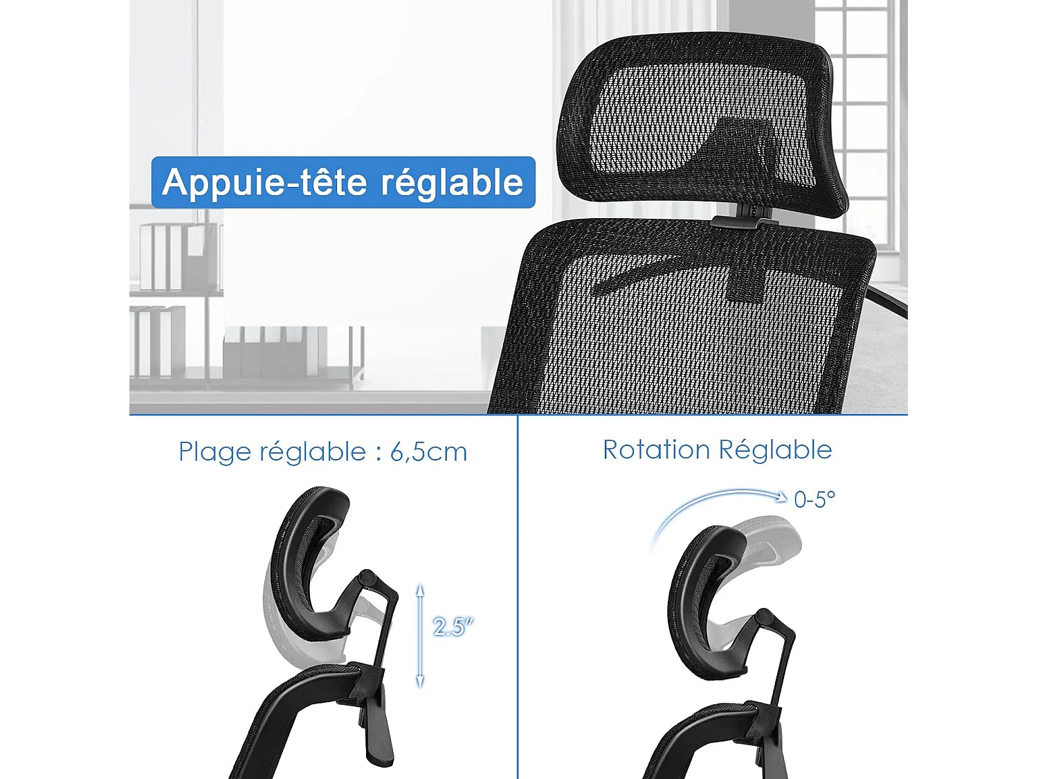 Chaise de Bureau Pivotant en Maille avec Renfort Lombaire Appui-tête Dossier Inclinable et Cintre Charge Max 110 KG Noir