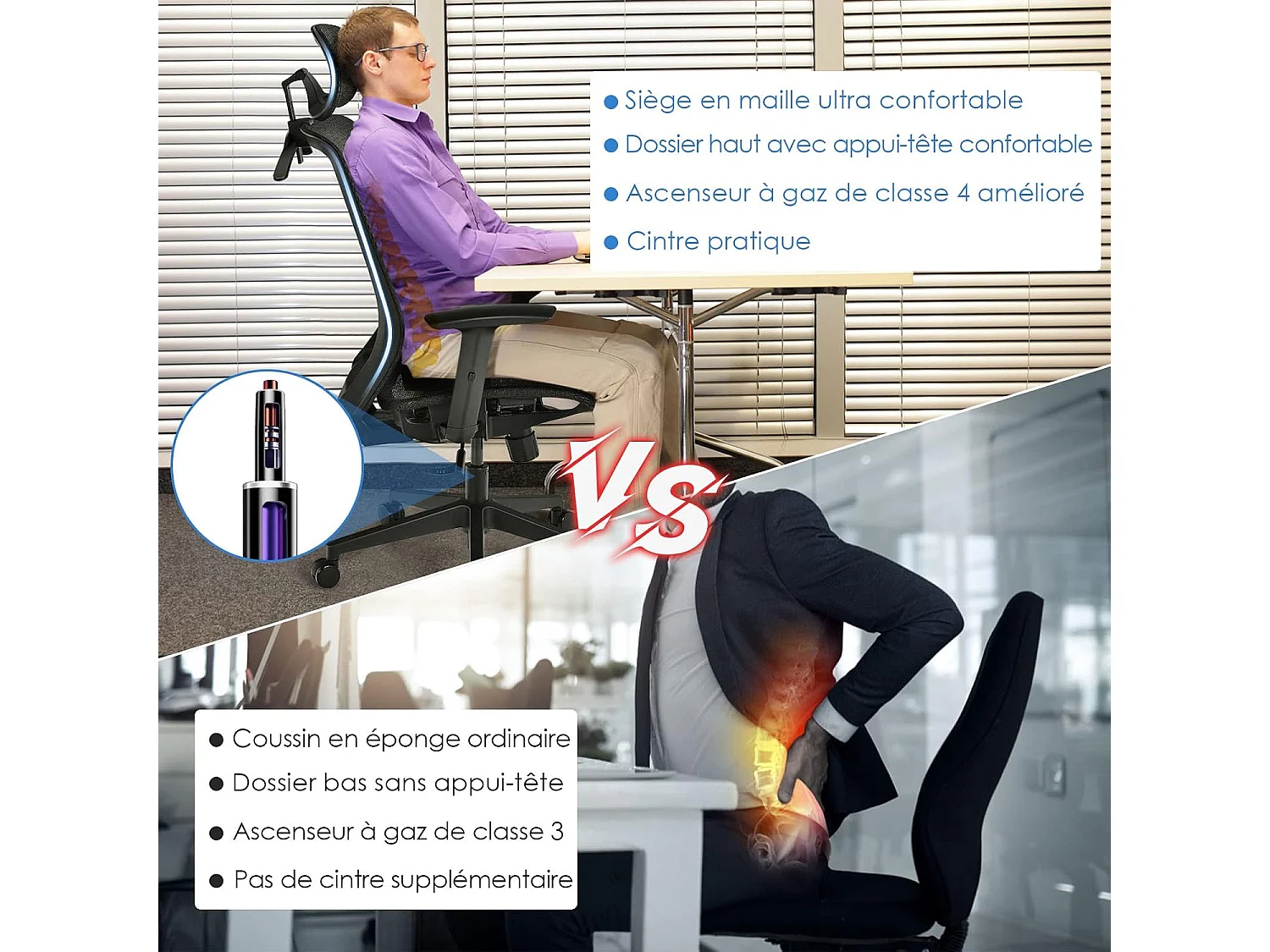 Chaise de Bureau Pivotant en Maille avec Renfort Lombaire Appui-tête Dossier Inclinable et Cintre Charge Max 110 KG Noir