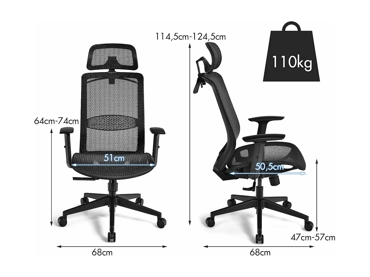 Chaise de Bureau Pivotant en Maille avec Renfort Lombaire Appui-tête Dossier Inclinable et Cintre Charge Max 110 KG Noir