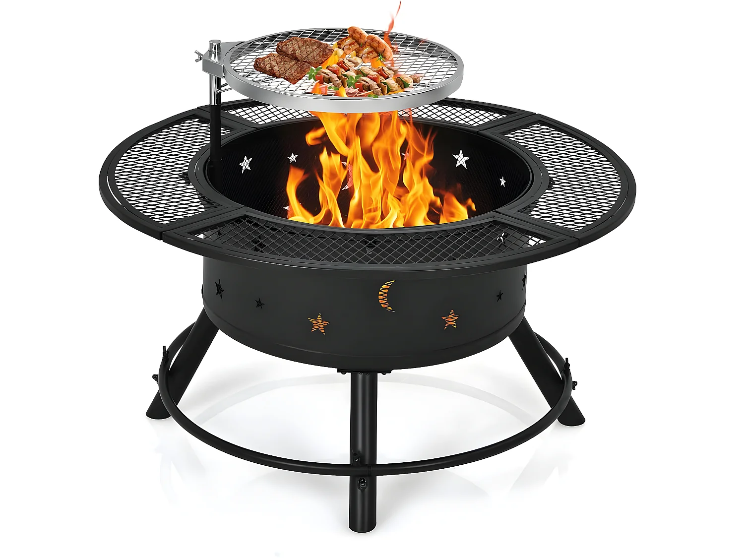 Brasero Foyer Extérieur de Jardin, Cheminée à Bois 2 en 1 avec Grille de Barbecue Réglable et Pivotante à 360 °, Diamètre 49 cm pour Jardin, CamBoisg, Barbecue